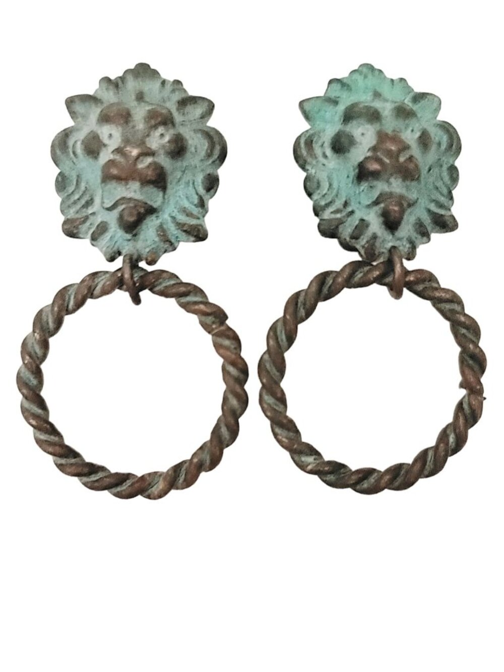 Vintage Copper Brass Lion Head Door Knocker Patina Clip-On Earrings